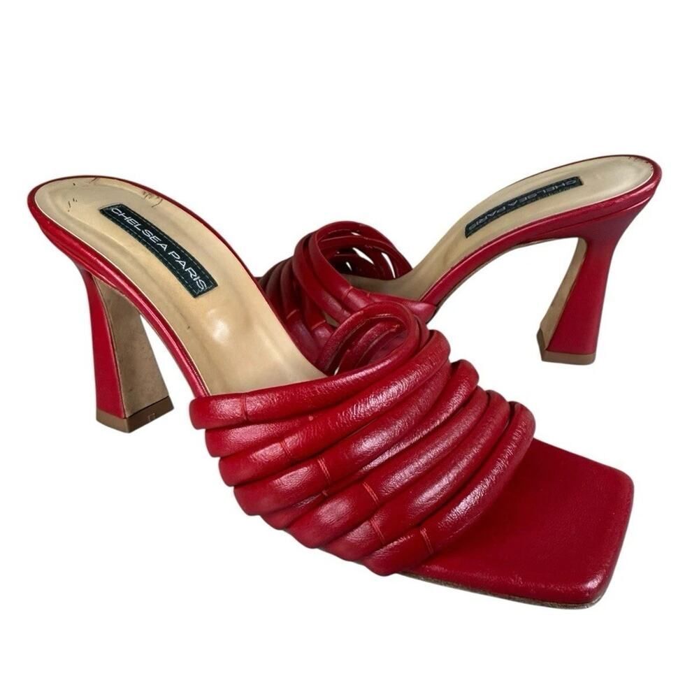 Chelsea Paris Ace Nappa Leather Mules Red Square Toe Flared Heel US 8